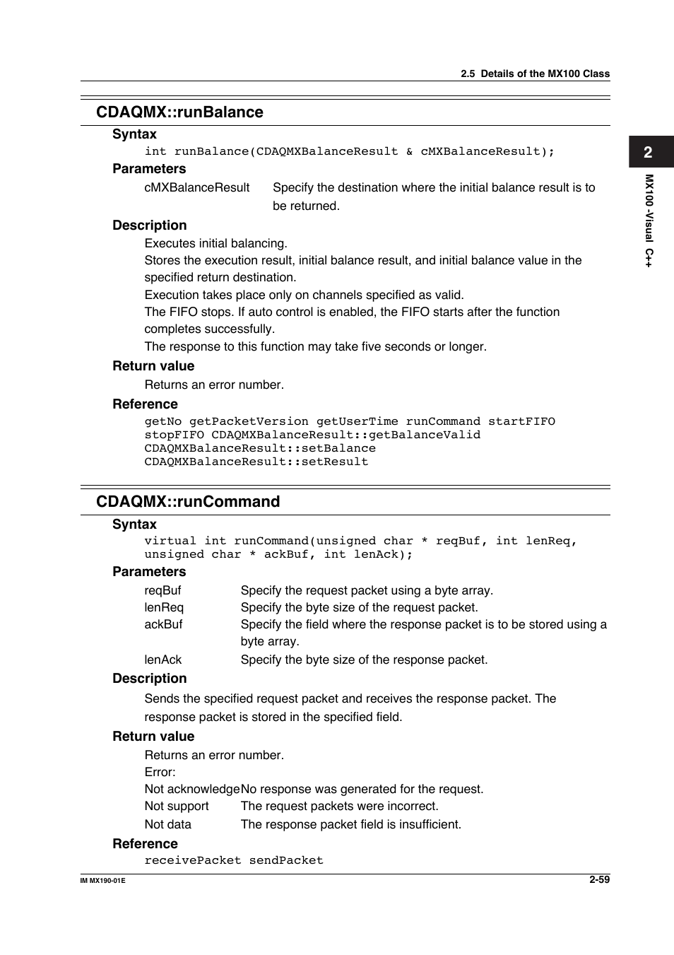 2cdaqmx::runbalance, Cdaqmx::runcommand | Yokogawa PC-Based MX100 User Manual | Page 82 / 1264