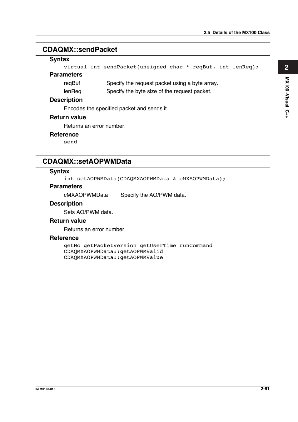 2cdaqmx::sendpacket, Cdaqmx::setaopwmdata | Yokogawa PC-Based MX100 User Manual | Page 84 / 1264