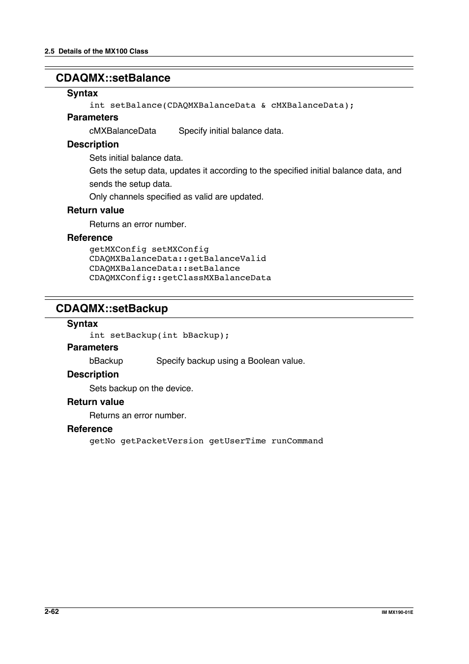 Cdaqmx::setbalance, Cdaqmx::setbackup | Yokogawa PC-Based MX100 User Manual | Page 85 / 1264