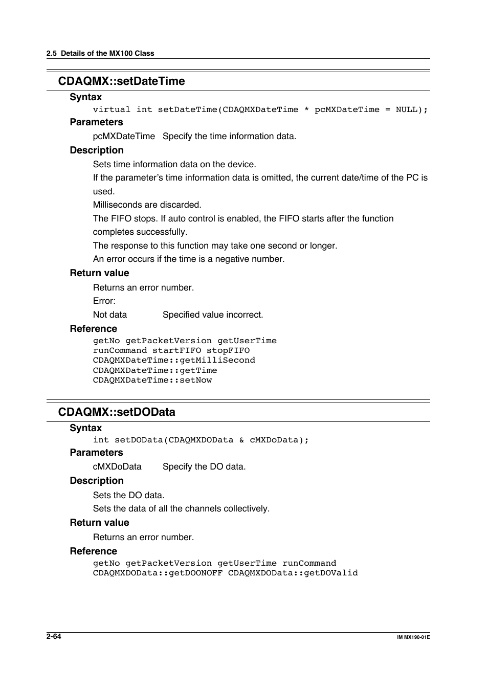 Cdaqmx::setdatetime, Cdaqmx::setdodata | Yokogawa PC-Based MX100 User Manual | Page 87 / 1264
