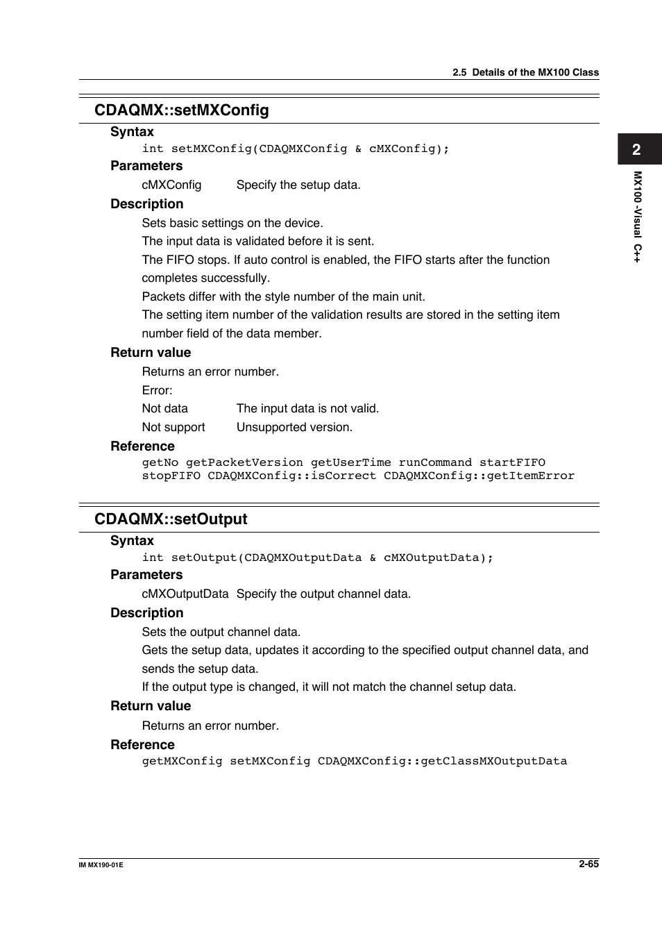 2cdaqmx::setmxconfig, Cdaqmx::setoutput | Yokogawa PC-Based MX100 User Manual | Page 88 / 1264