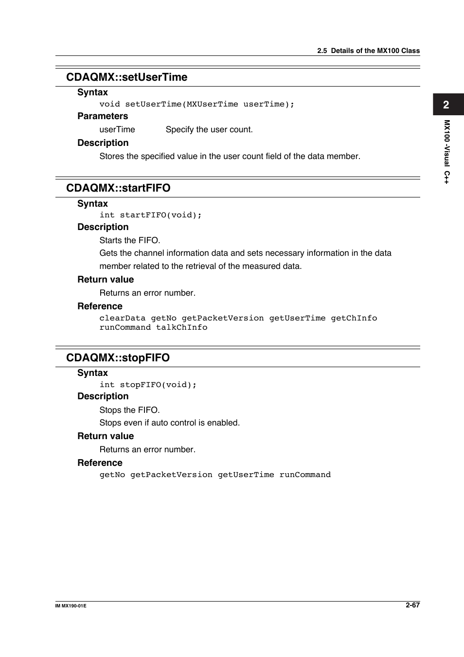 2cdaqmx::setusertime, Cdaqmx::startfifo, Cdaqmx::stopfifo | Yokogawa PC-Based MX100 User Manual | Page 90 / 1264