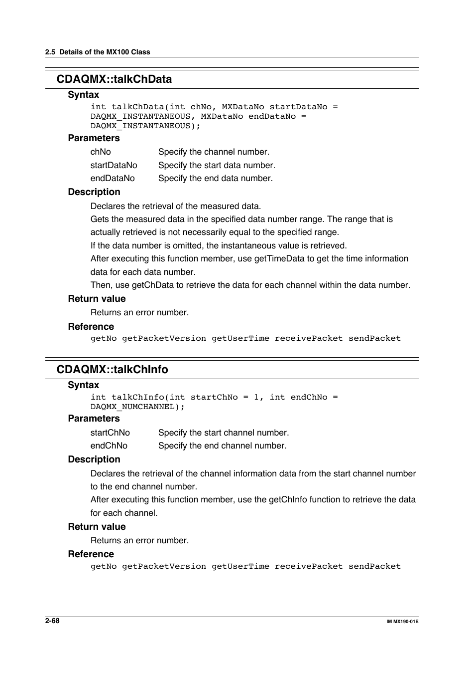 Cdaqmx::talkchdata, Cdaqmx::talkchinfo | Yokogawa PC-Based MX100 User Manual | Page 91 / 1264