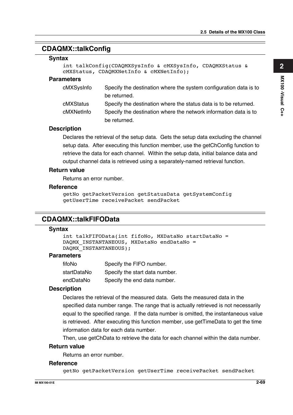 2cdaqmx::talkconfig, Cdaqmx::talkfifodata | Yokogawa PC-Based MX100 User Manual | Page 92 / 1264