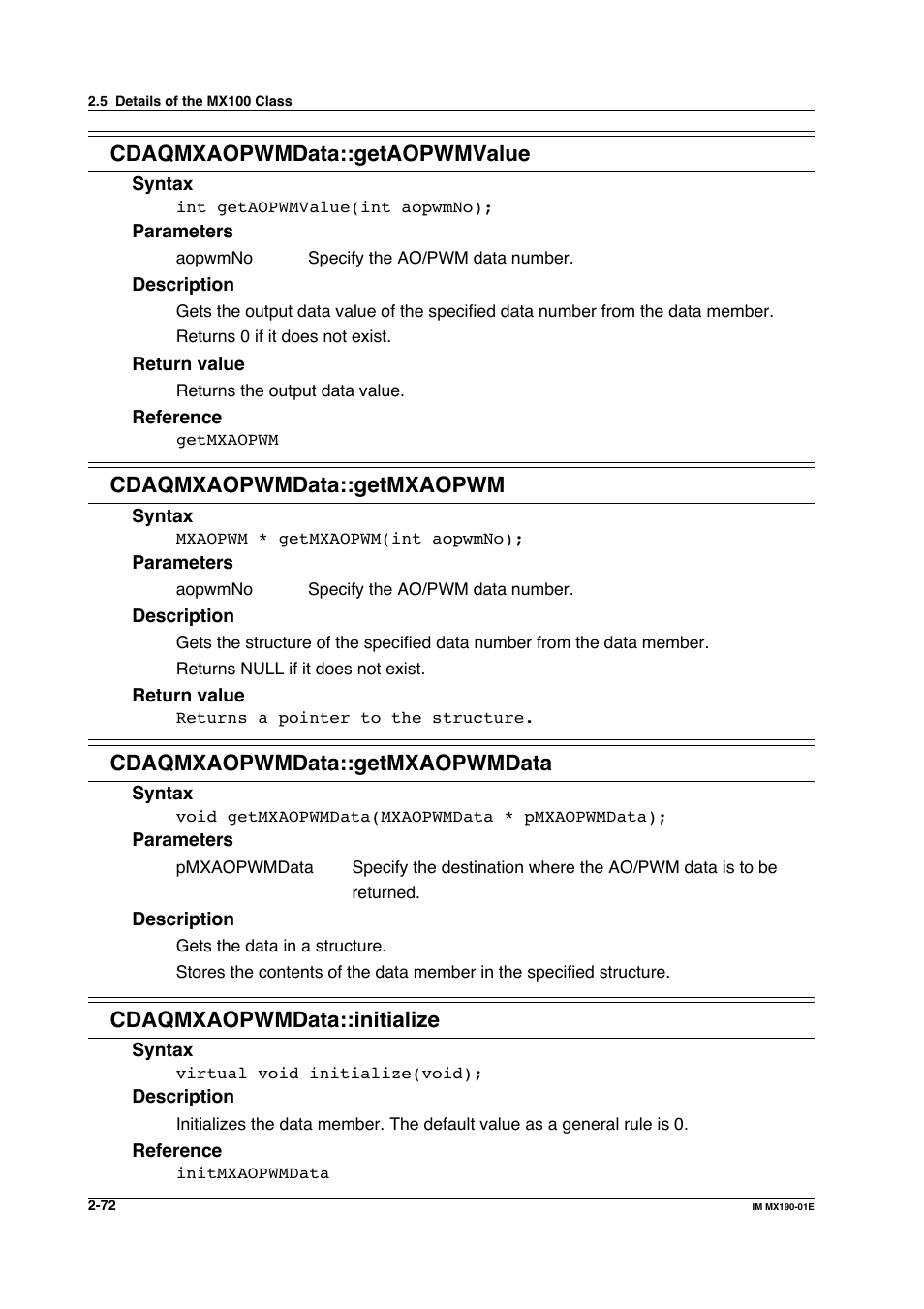 Cdaqmxaopwmdata::getaopwmvalue, Cdaqmxaopwmdata::getmxaopwm, Cdaqmxaopwmdata::getmxaopwmdata | Cdaqmxaopwmdata::initialize | Yokogawa PC-Based MX100 User Manual | Page 95 / 1264