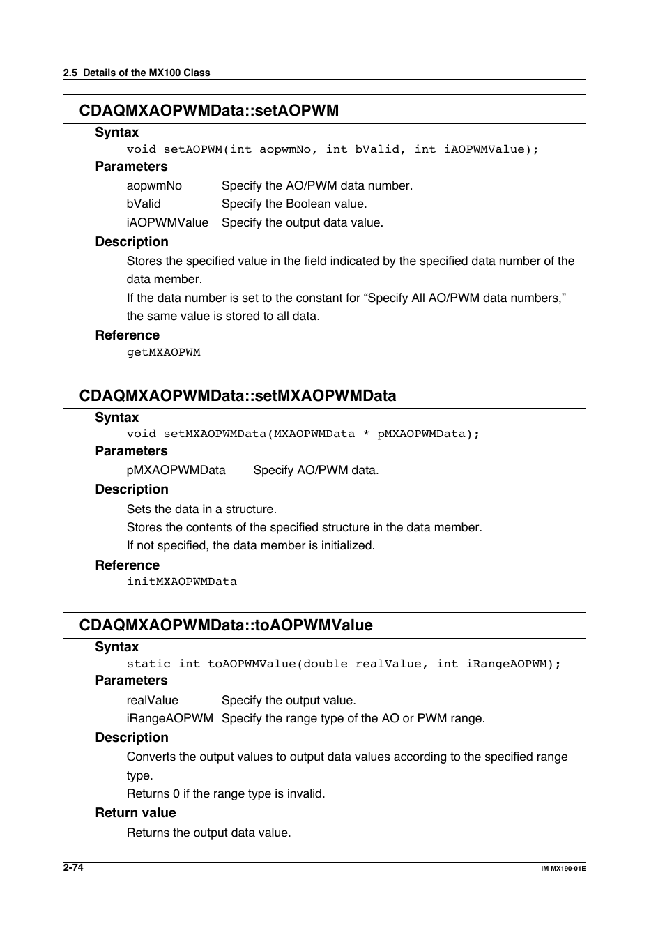 Cdaqmxaopwmdata::setaopwm, Cdaqmxaopwmdata::setmxaopwmdata, Cdaqmxaopwmdata::toaopwmvalue | Yokogawa PC-Based MX100 User Manual | Page 97 / 1264