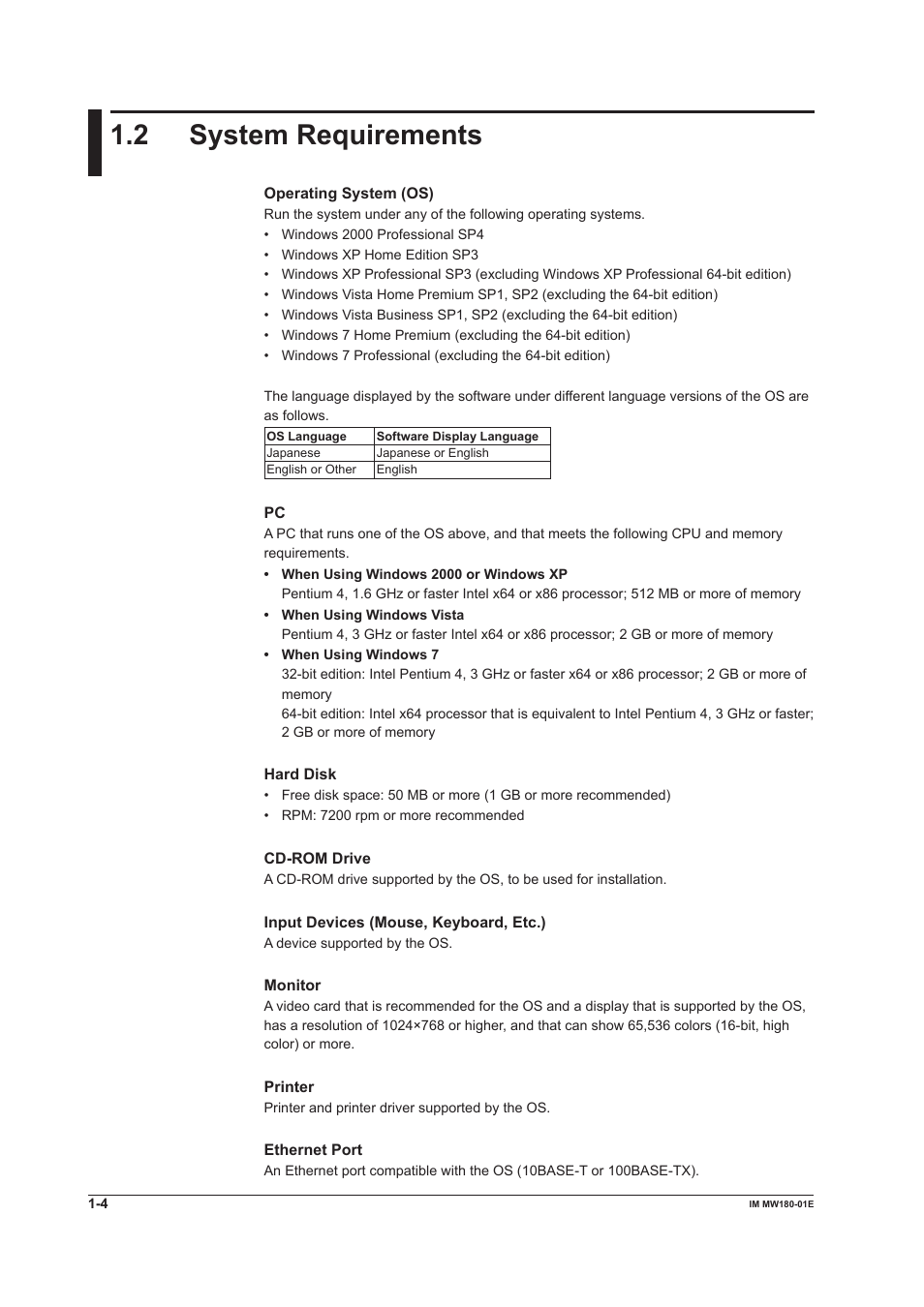 2 system requirements, System requirements -4 | Yokogawa PC-Based MX100 User Manual | Page 10 / 76