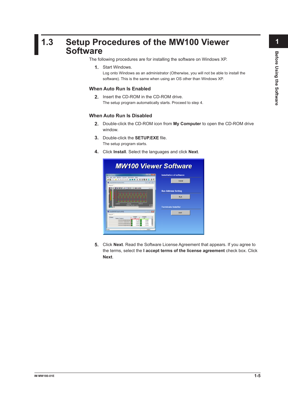 3 setup procedures of the mw100 viewer software, Setup procedures of the mw100 viewer software -5 | Yokogawa PC-Based MX100 User Manual | Page 11 / 76