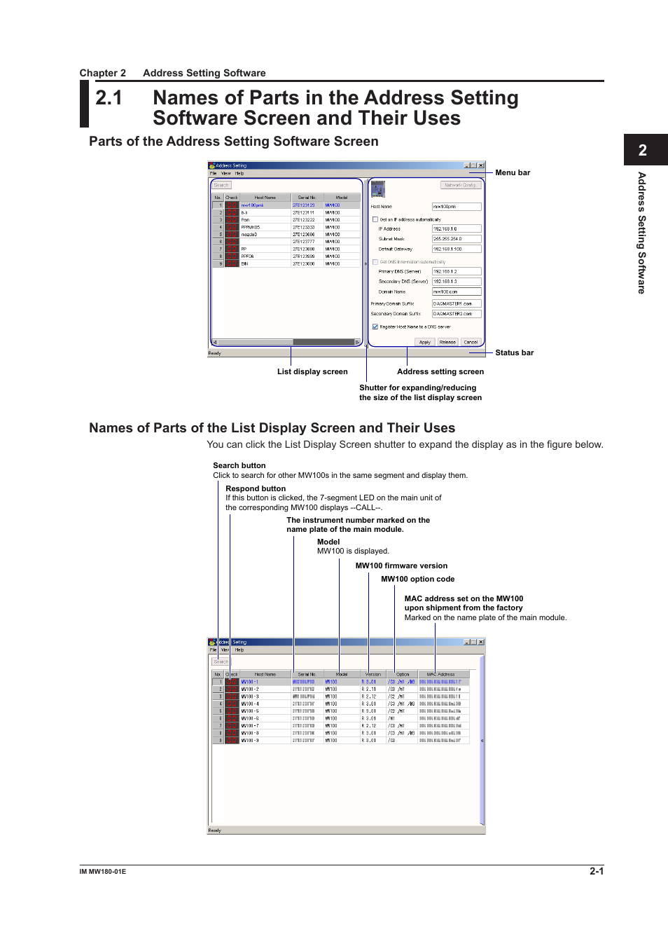 Chapter 2 address setting software, App index, Parts of the address setting software screen | Yokogawa PC-Based MX100 User Manual | Page 14 / 76