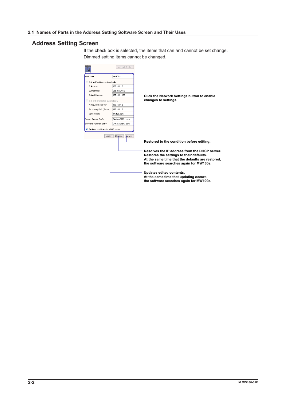 Address setting screen | Yokogawa PC-Based MX100 User Manual | Page 15 / 76