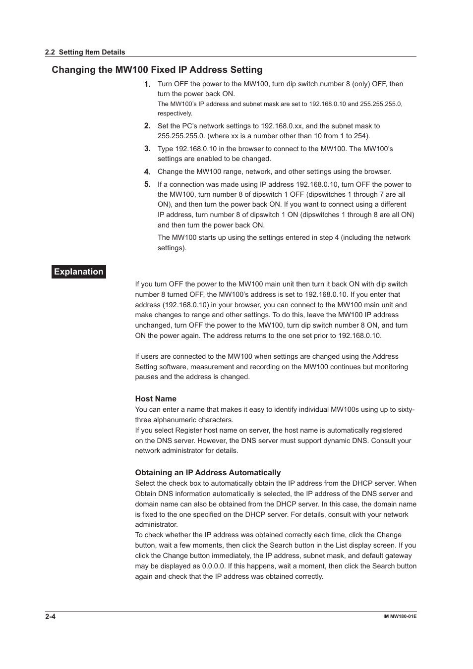 Changing the mw100 fixed ip address setting | Yokogawa PC-Based MX100 User Manual | Page 17 / 76