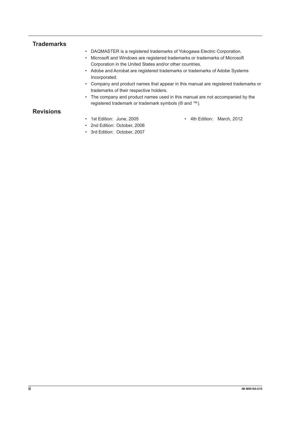 Trademarks, Revisions | Yokogawa PC-Based MX100 User Manual | Page 3 / 76