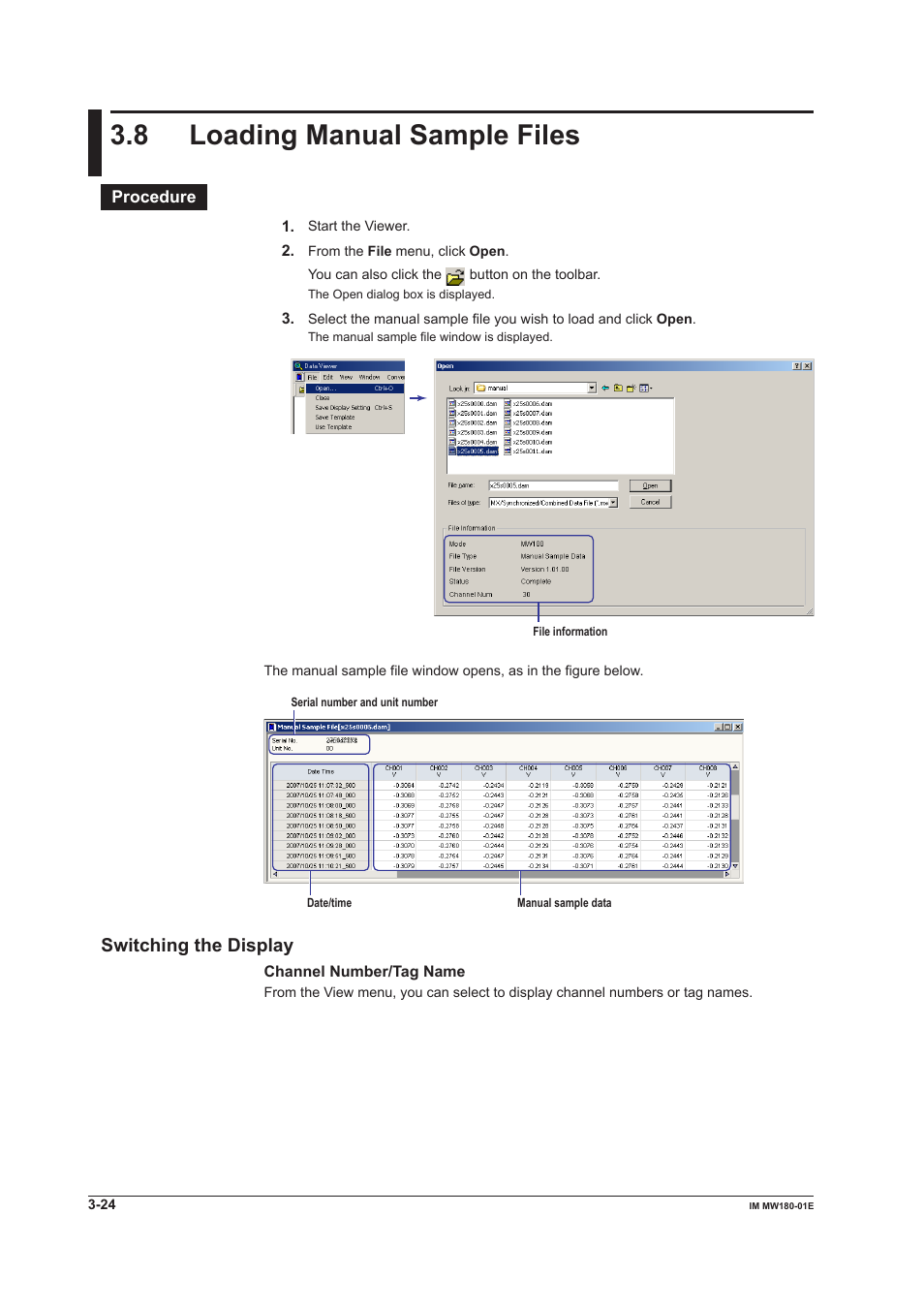 8 loading manual sample files, Loading manual sample files -24, Switching the display | Yokogawa PC-Based MX100 User Manual | Page 43 / 76