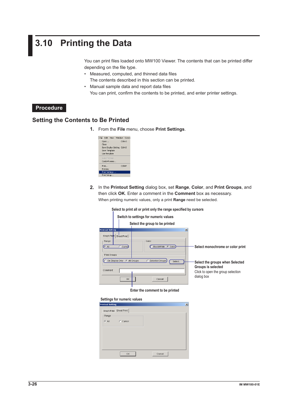 10 printing the data, 10 printing the data -26, Setting the contents to be printed | Yokogawa PC-Based MX100 User Manual | Page 45 / 76