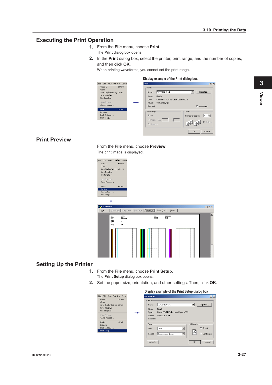 App index executing the print operation, Print preview, Setting up the printer | Yokogawa PC-Based MX100 User Manual | Page 46 / 76