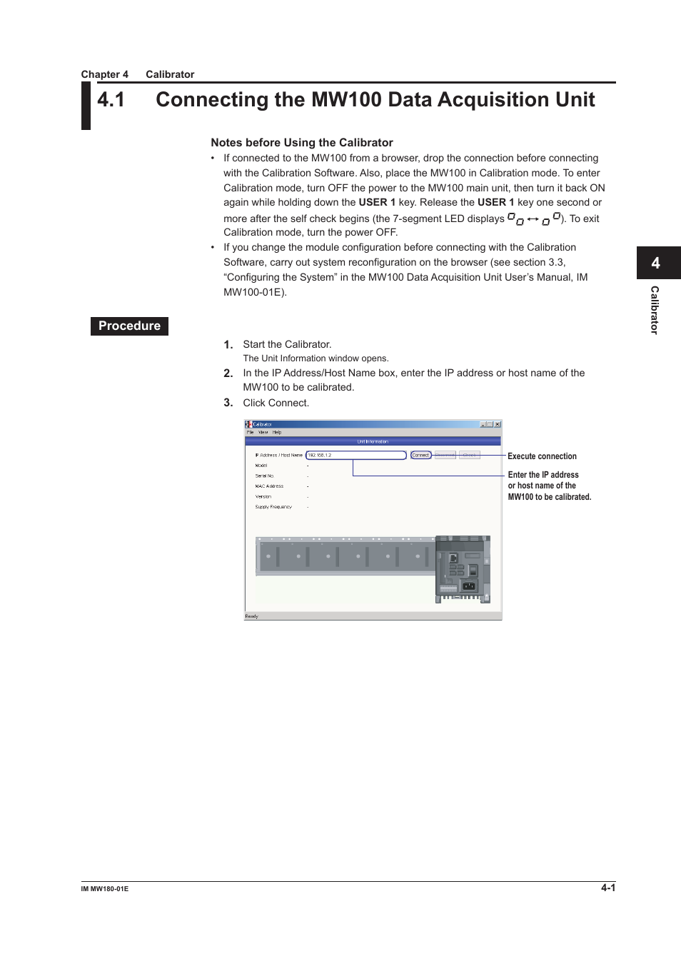 Chapter 4 calibrator, 1 connecting the mw100 data acquisition unit, Connecting the mw100 data acquisition unit -1 | Yokogawa PC-Based MX100 User Manual | Page 50 / 76
