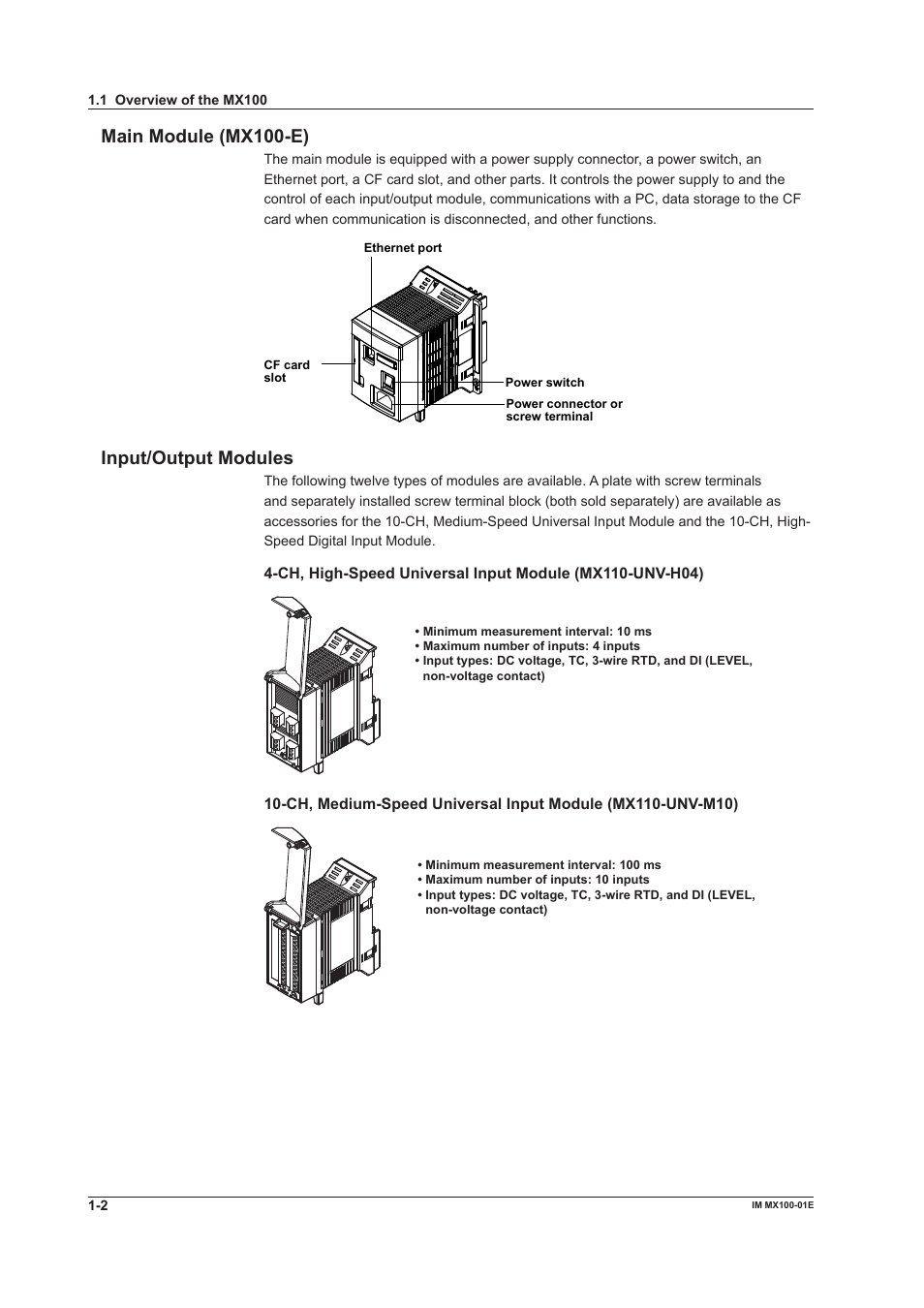 Main module (mx100-e), Input/output modules, Main module (mx100-e) -2 input/output modules -2 | Yokogawa PC-Based MX100 User Manual | Page 11 / 133