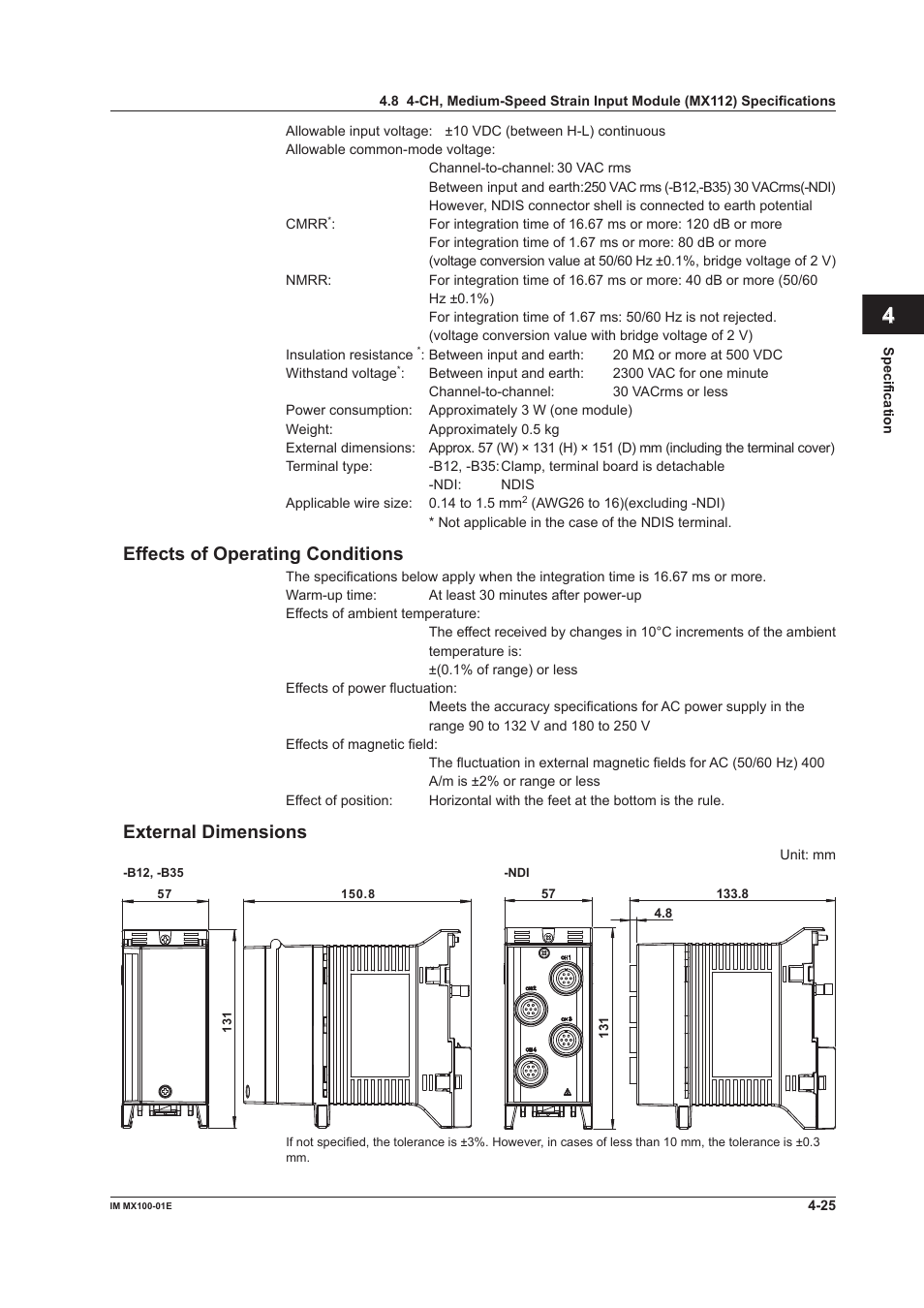 Index, Effects of operating conditions, External dimensions | Yokogawa PC-Based MX100 User Manual | Page 113 / 133