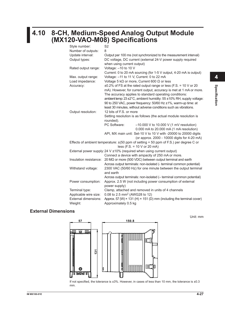 Index, External dimensions | Yokogawa PC-Based MX100 User Manual | Page 115 / 133