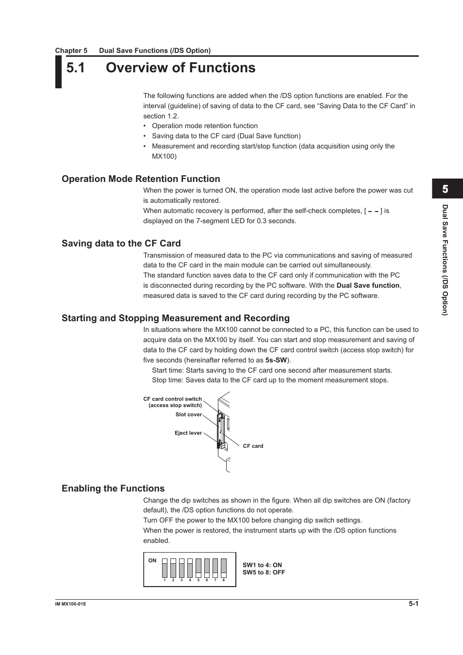 Chapter 5 dual save functions (/ds option), 1 overview of functions, Overview of functions -1 | Index, Operation mode retention function, Saving data to the cf card, Starting and stopping measurement and recording, Enabling the functions | Yokogawa PC-Based MX100 User Manual | Page 122 / 133