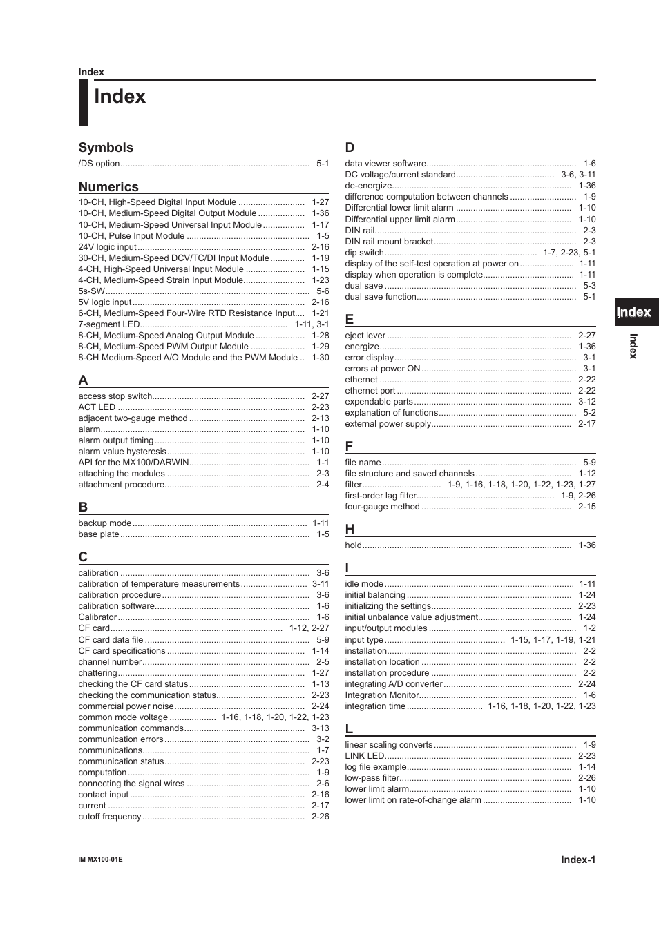 Index, Symbols, Numerics | Yokogawa PC-Based MX100 User Manual | Page 131 / 133