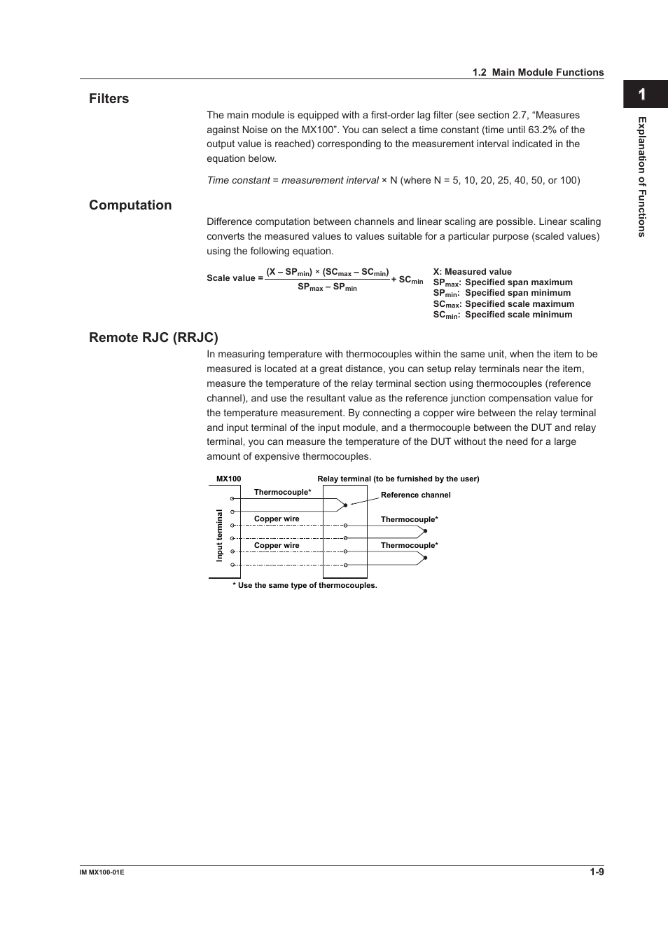 Filters, Computation, Remote rjc (rrjc) | Filters -9 computation -9 remote rjc (rrjc) -9, Index filters | Yokogawa PC-Based MX100 User Manual | Page 18 / 133