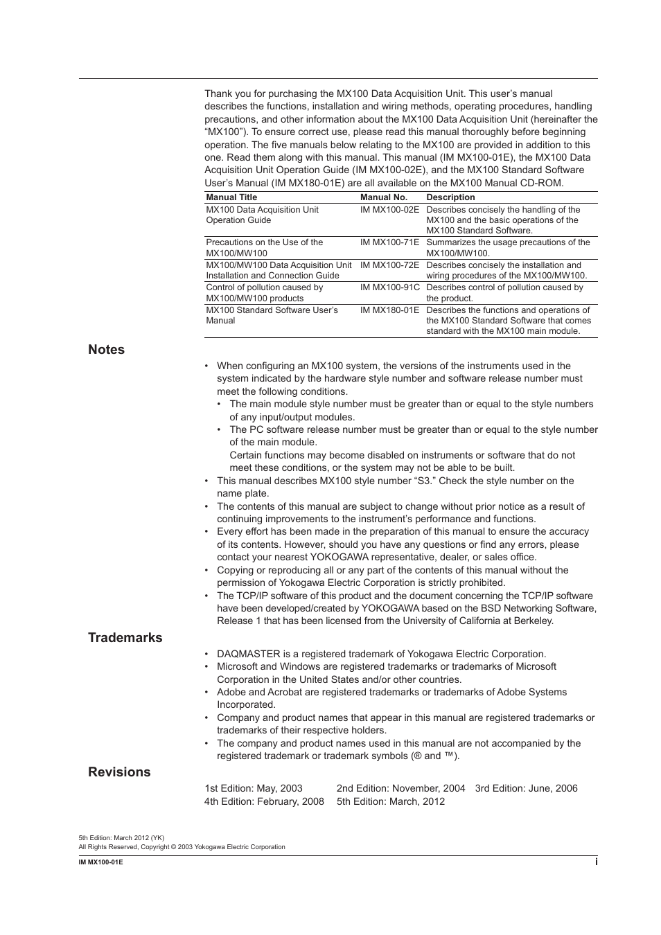 Trademarks, Revisions | Yokogawa PC-Based MX100 User Manual | Page 2 / 133