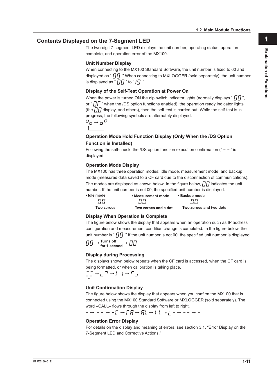 Contents displayed on the 7-segment led, Contents displayed on the 7-segment led -11, Index contents displayed on the 7-segment led | Yokogawa PC-Based MX100 User Manual | Page 20 / 133