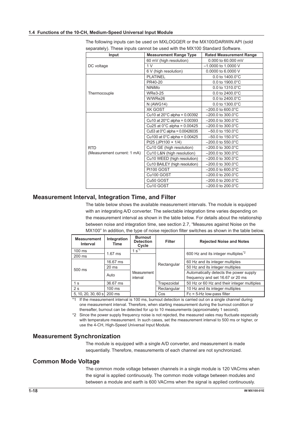 Measurement interval, integration time, and filter, Measurement synchronization, Common mode voltage | Yokogawa PC-Based MX100 User Manual | Page 27 / 133