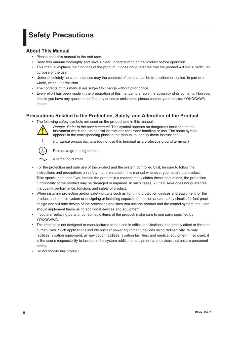 Safety precautions, About this manual | Yokogawa PC-Based MX100 User Manual | Page 3 / 133