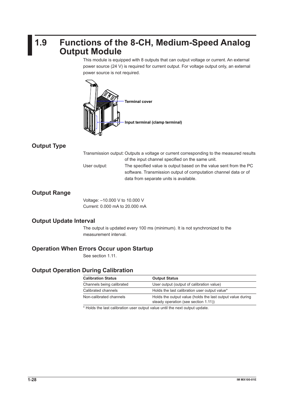 Output type, Output range, Output update interval | Operation when errors occur upon startup, Output operation during calibration | Yokogawa PC-Based MX100 User Manual | Page 37 / 133