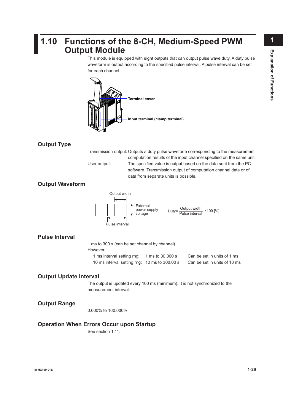 Output type, Output waveform, Pulse interval | Output update interval, Output range, Operation when errors occur upon startup | Yokogawa PC-Based MX100 User Manual | Page 38 / 133