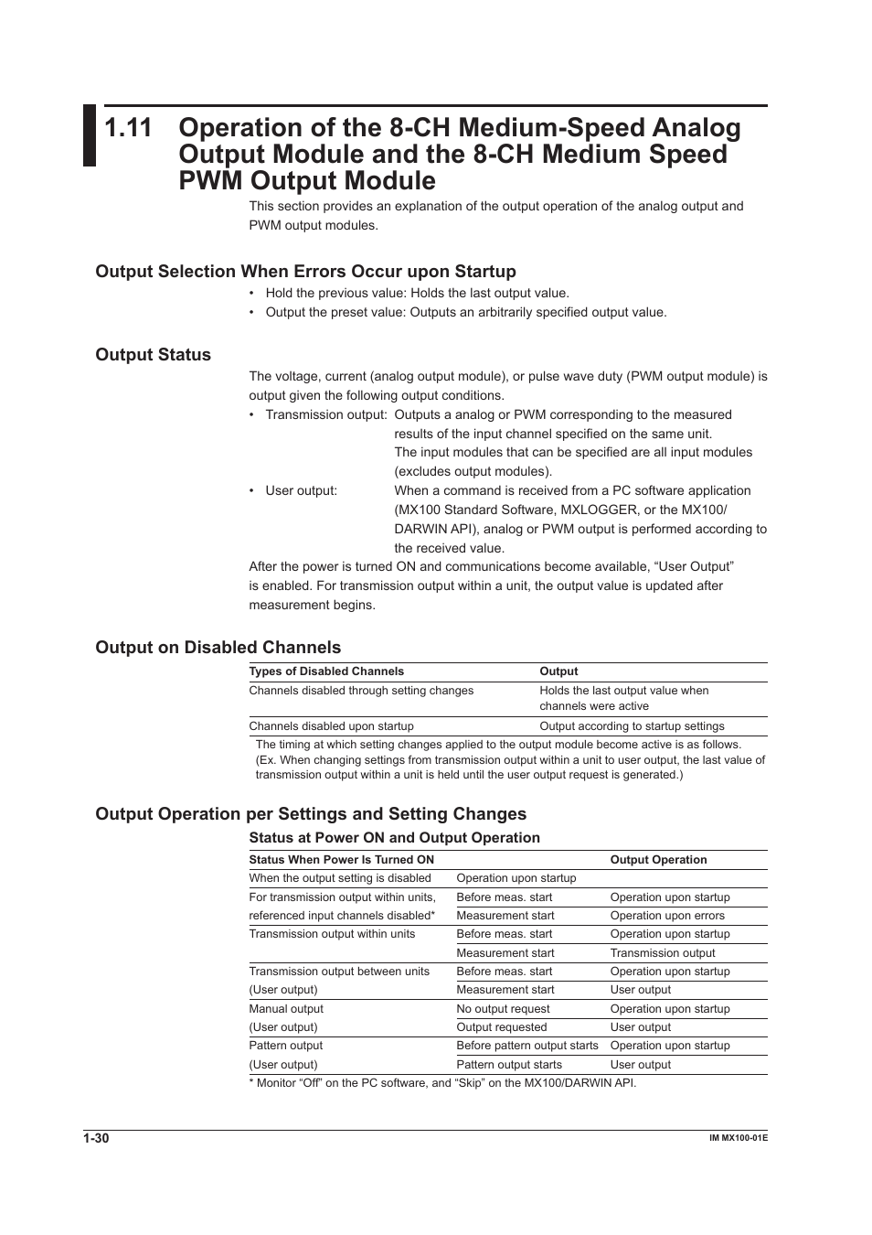 Output selection when errors occur upon startup, Output status, Output on disabled channels | Output operation per settings and setting changes, Pwm output module -30 | Yokogawa PC-Based MX100 User Manual | Page 39 / 133