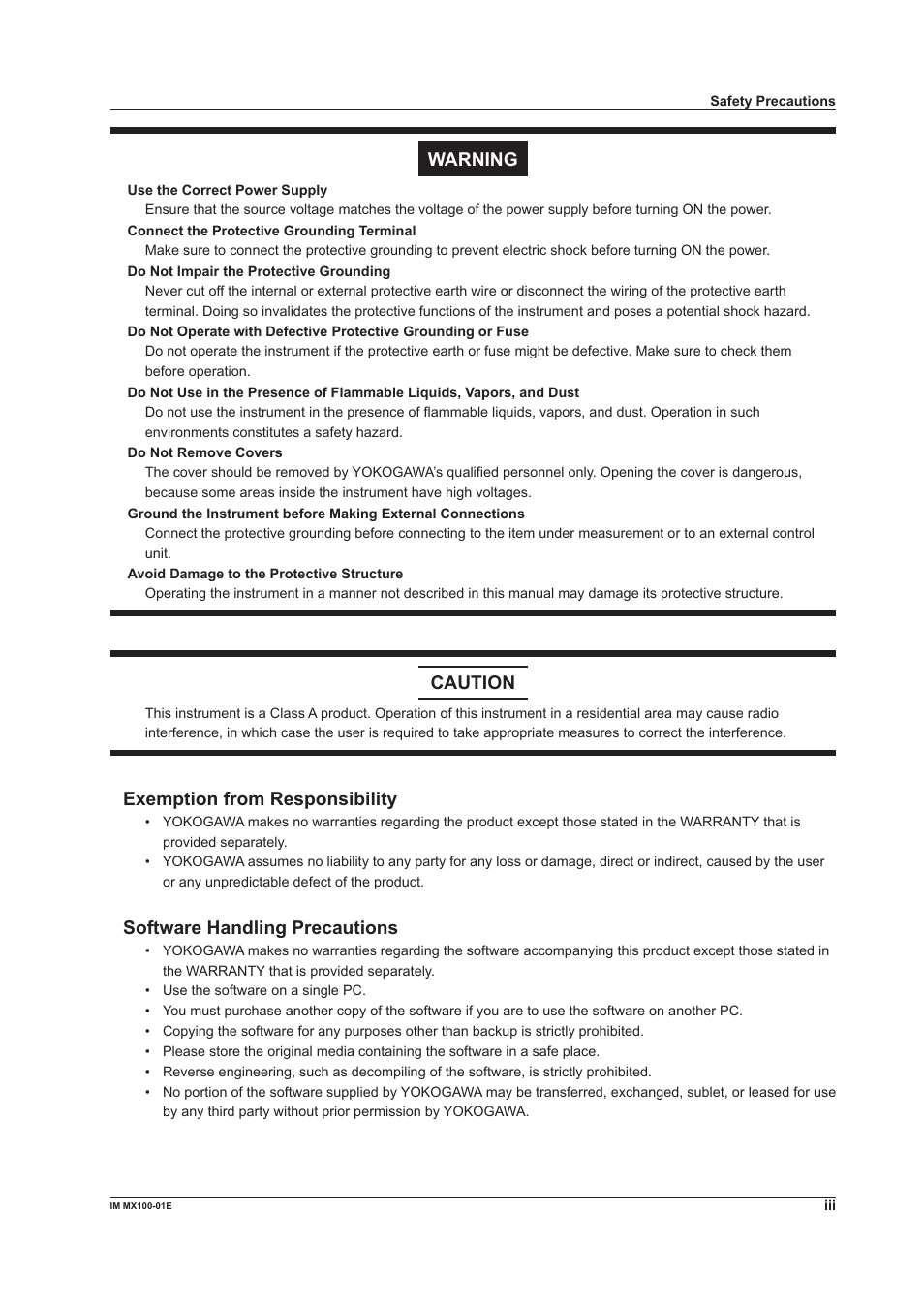 Warning, Caution, Exemption from responsibility | Software handling precautions | Yokogawa PC-Based MX100 User Manual | Page 4 / 133