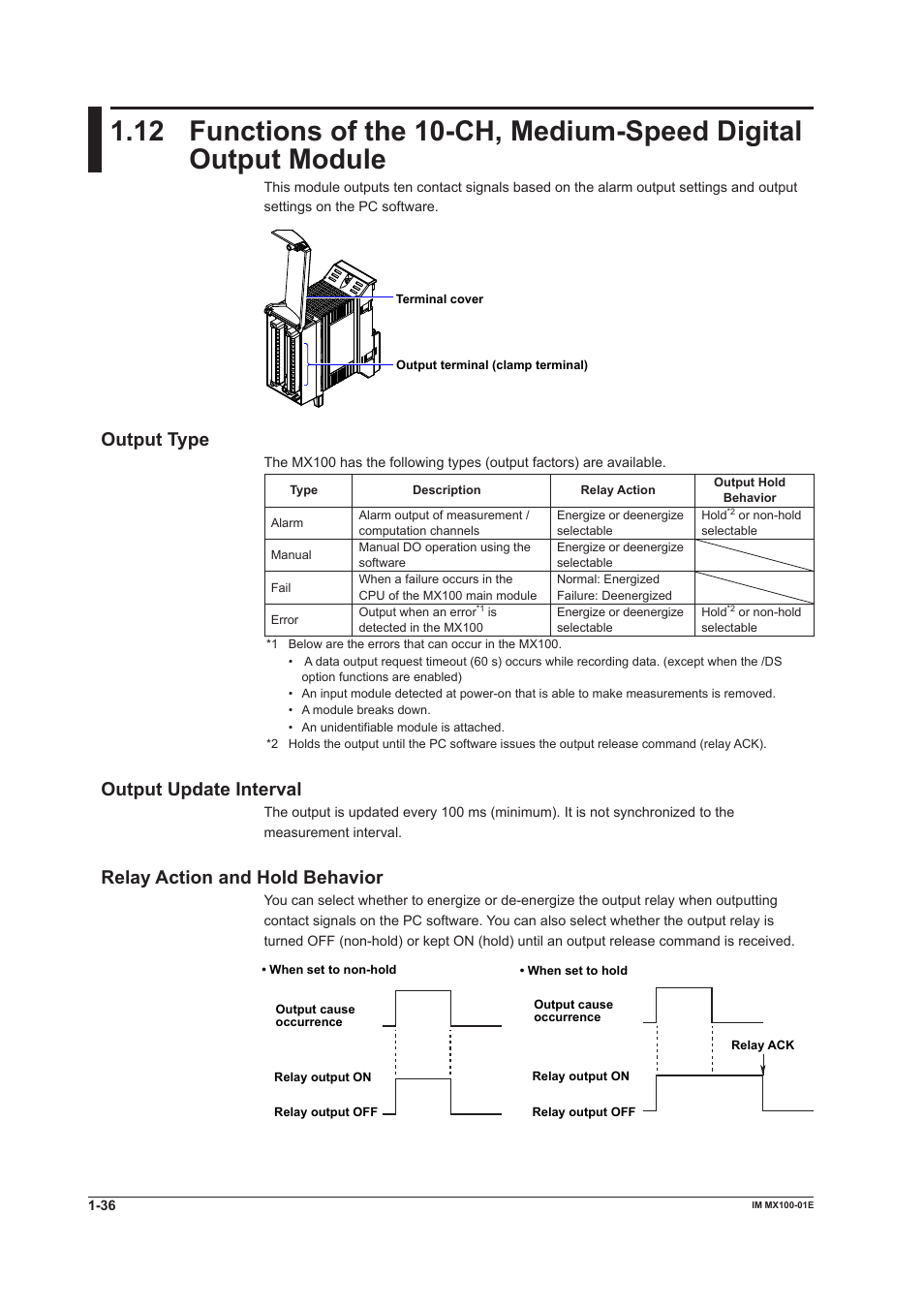 Output type, Output update interval, Relay action and hold behavior | Yokogawa PC-Based MX100 User Manual | Page 45 / 133