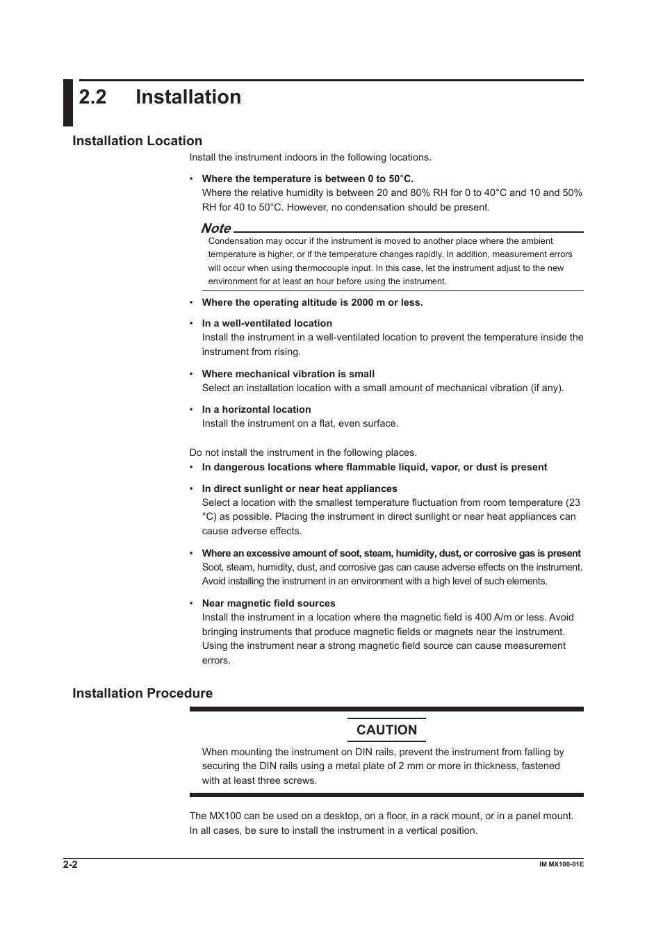 2 installation, Installation location, Installation procedure | Installation -2, Installation location -2 installation procedure -2, Installation procedure caution | Yokogawa PC-Based MX100 User Manual | Page 47 / 133