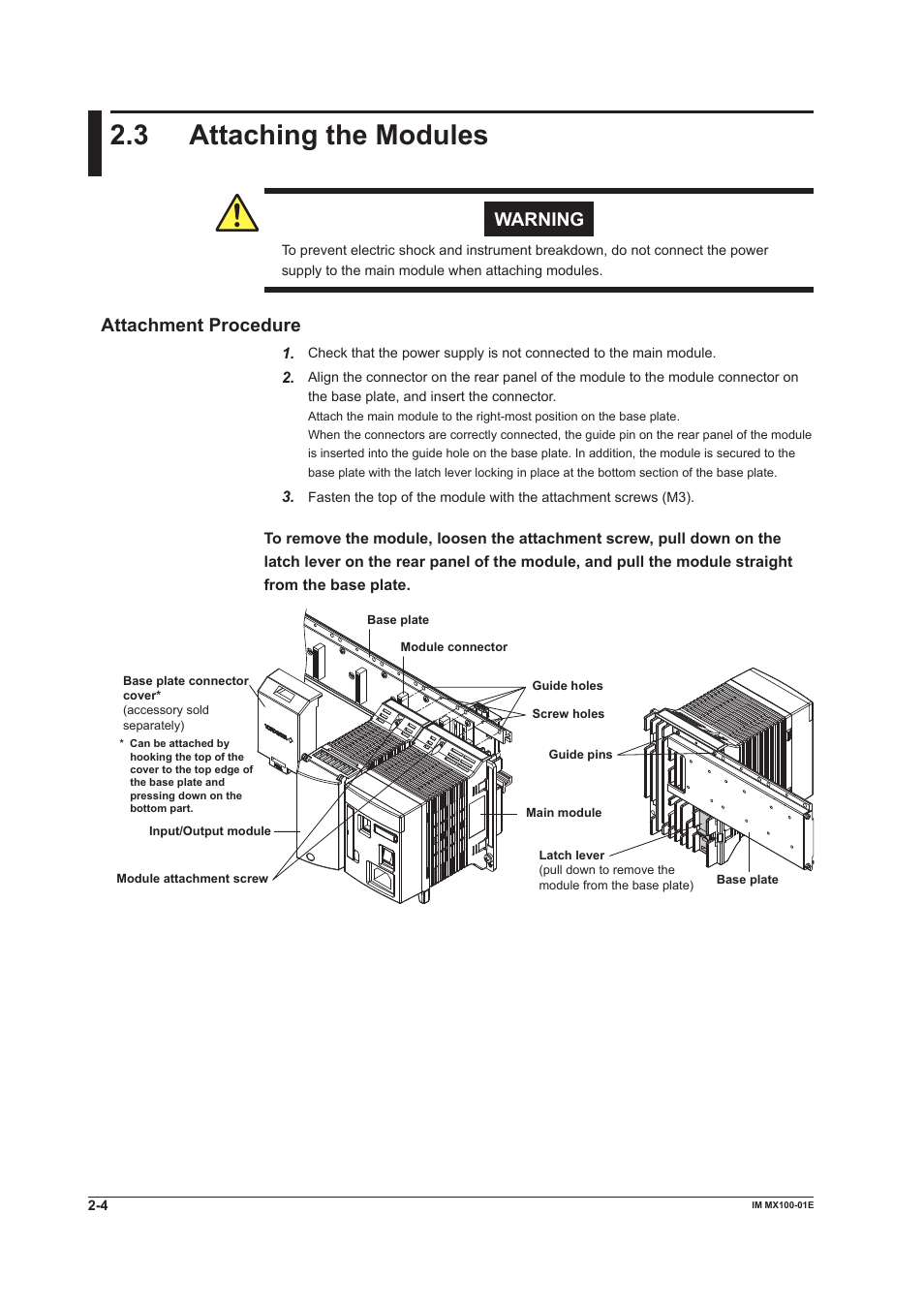 3 attaching the modules, Attachment procedure, Attaching the modules -4 | Attachment procedure -4, Warning | Yokogawa PC-Based MX100 User Manual | Page 49 / 133