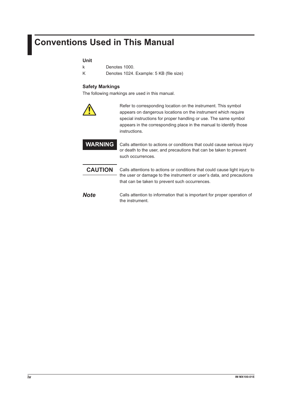 Conventions used in this manual, Warning, Caution | Yokogawa PC-Based MX100 User Manual | Page 5 / 133