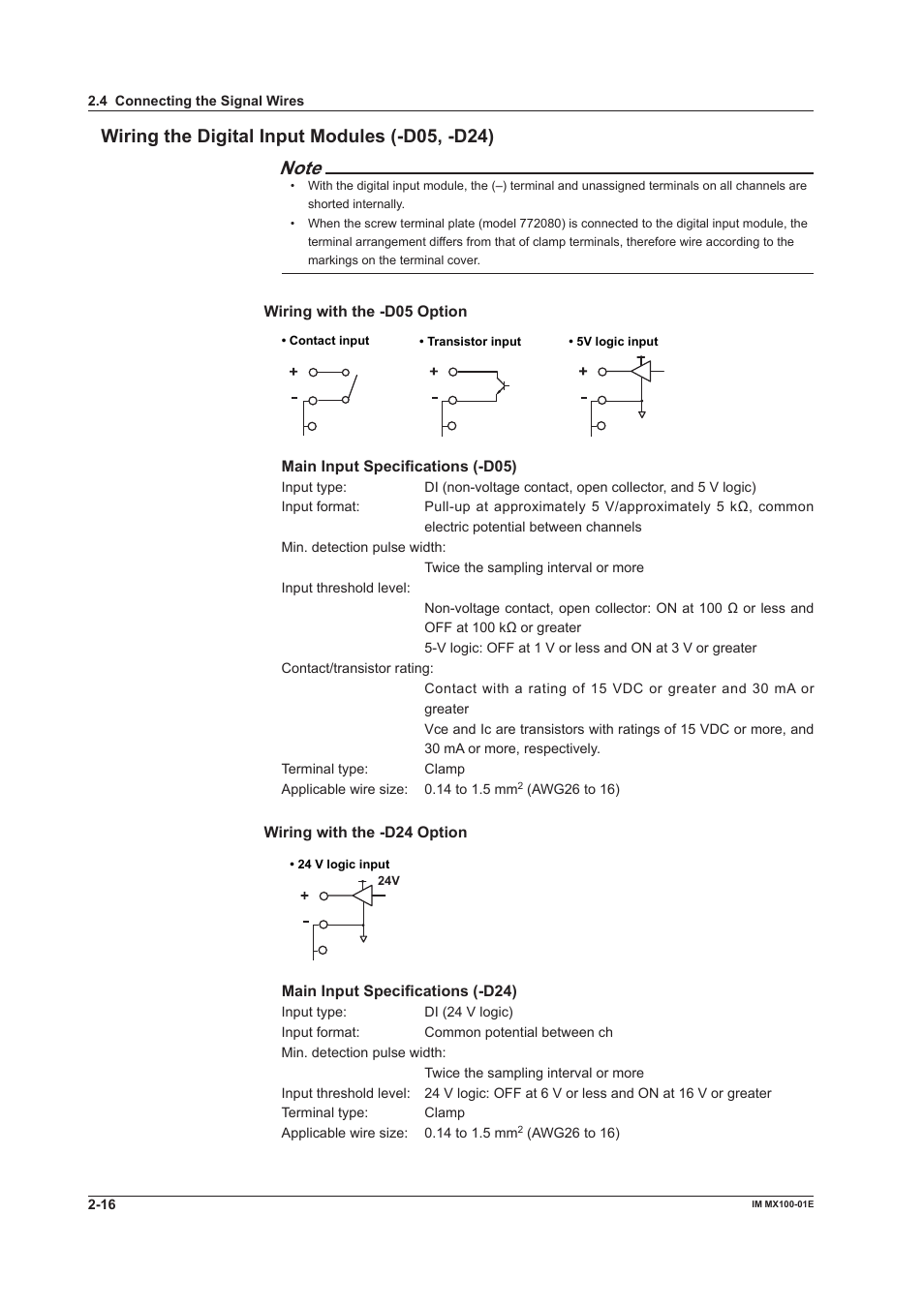 Wiring the digital input modules (-d05, -d24), Wiring the digital input modules (-d05, -d24) -16 | Yokogawa PC-Based MX100 User Manual | Page 61 / 133