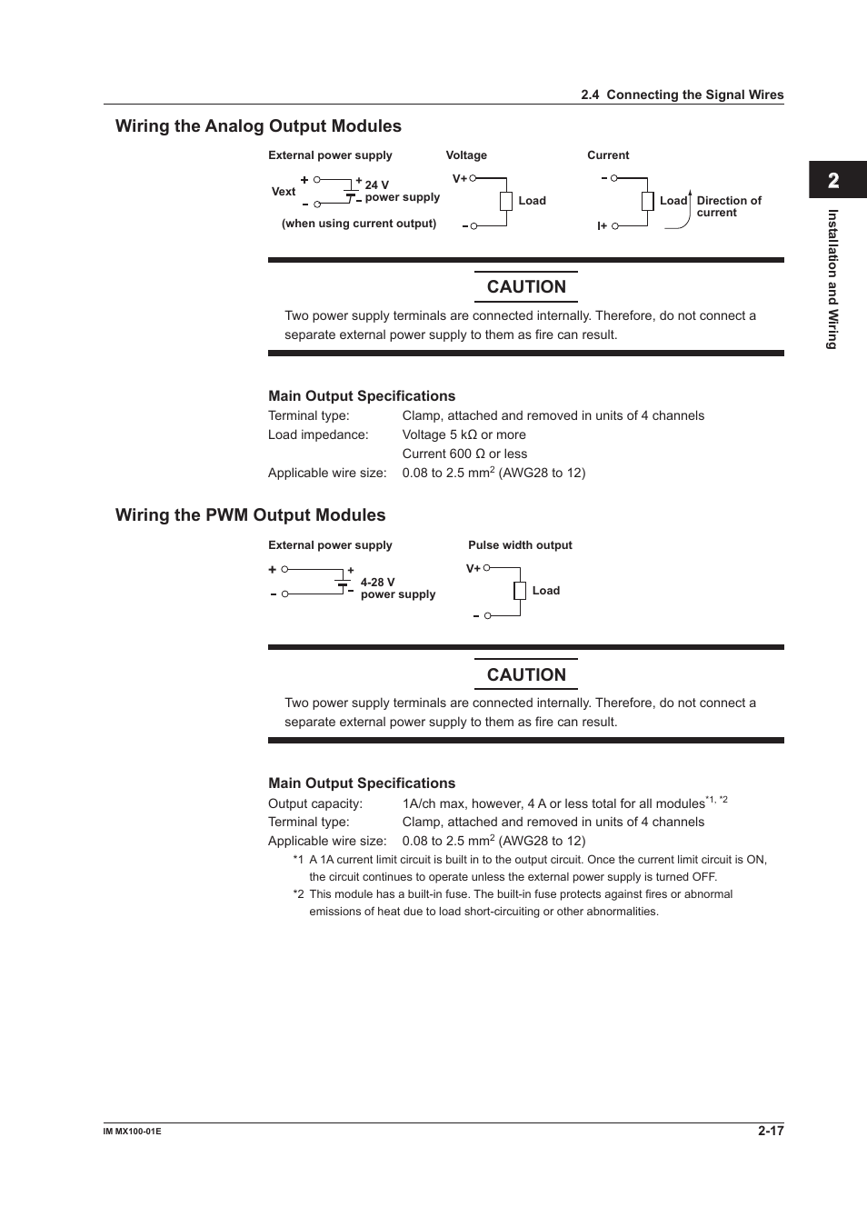 Wiring the analog output modules, Wiring the pwm output modules, Index wiring the analog output modules | Caution | Yokogawa PC-Based MX100 User Manual | Page 62 / 133