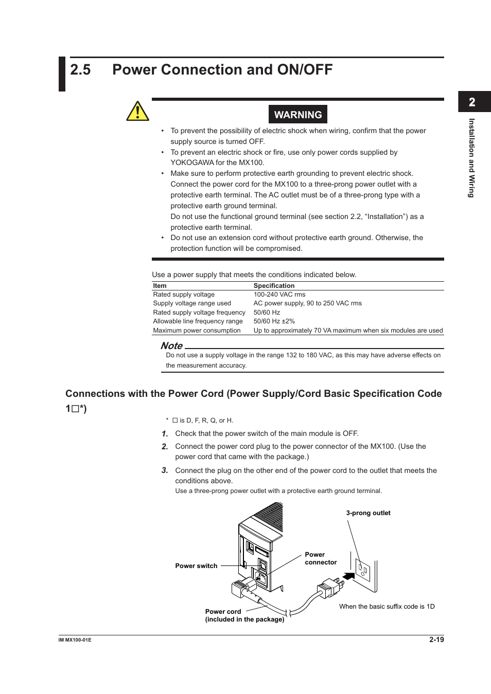 5 power connection and on/off, Power connection and on/off -19, Index | Warning | Yokogawa PC-Based MX100 User Manual | Page 64 / 133