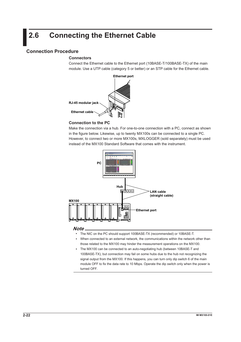 6 connecting the ethernet cable, Connection procedure, Connecting the ethernet cable -22 | Connection procedure -22 | Yokogawa PC-Based MX100 User Manual | Page 67 / 133