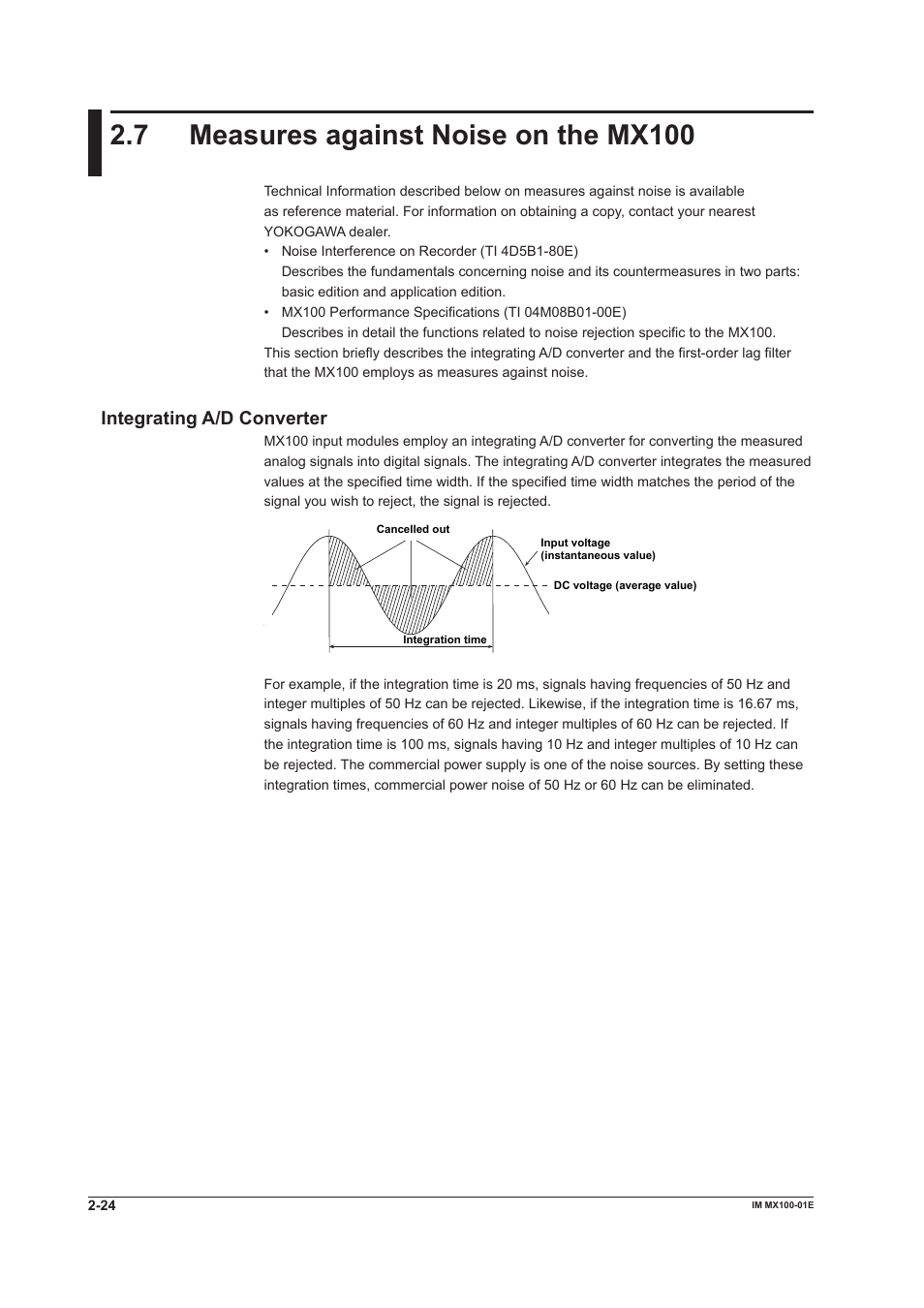 7 measures against noise on the mx100, Integrating a/d converter, Measures against noise on the mx100 -24 | Integrating a/d converter -24 | Yokogawa PC-Based MX100 User Manual | Page 69 / 133