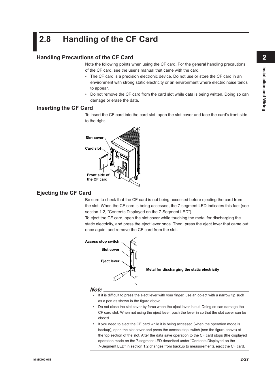 8 handling of the cf card, Handling precautions of the cf card, Inserting the cf card | Ejecting the cf card, Handling of the cf card -27, Index | Yokogawa PC-Based MX100 User Manual | Page 72 / 133