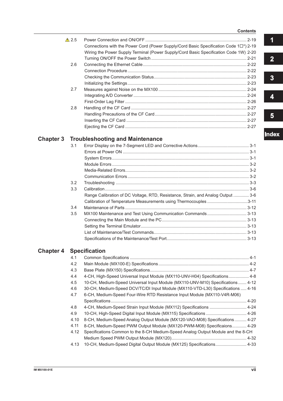 Index, Chapter 3 troubleshooting and maintenance, Chapter 4 specification | Yokogawa PC-Based MX100 User Manual | Page 8 / 133