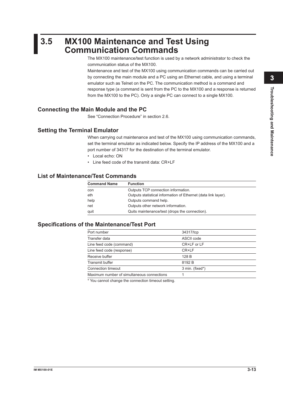 Connecting the main module and the pc, Setting the terminal emulator, List of maintenance/test commands | Specifications of the maintenance/test port, Index | Yokogawa PC-Based MX100 User Manual | Page 85 / 133