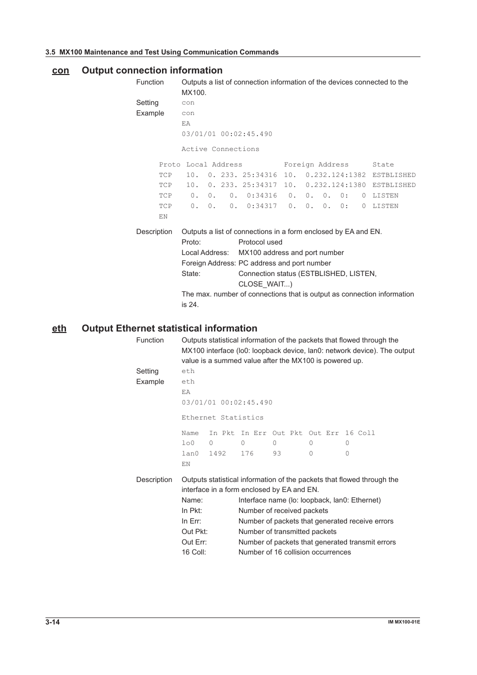 Con output connection information, Eth output ethernet statistical information | Yokogawa PC-Based MX100 User Manual | Page 86 / 133