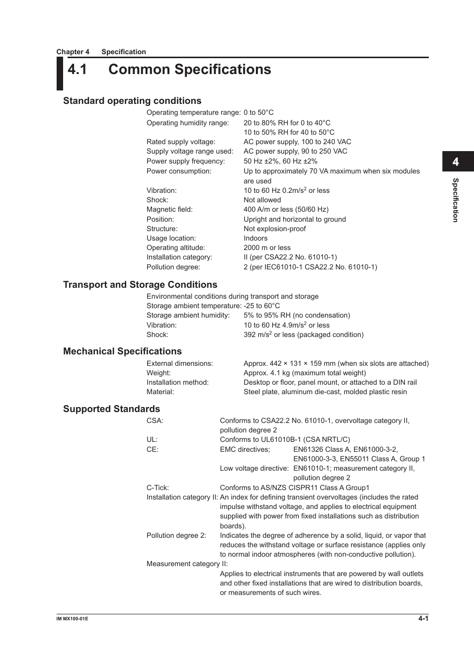 Chapter 4 specification, 1 common specifications, Common specifications -1 | Index, Standard operating conditions, Transport and storage conditions, Mechanical specifications, Supported standards | Yokogawa PC-Based MX100 User Manual | Page 89 / 133