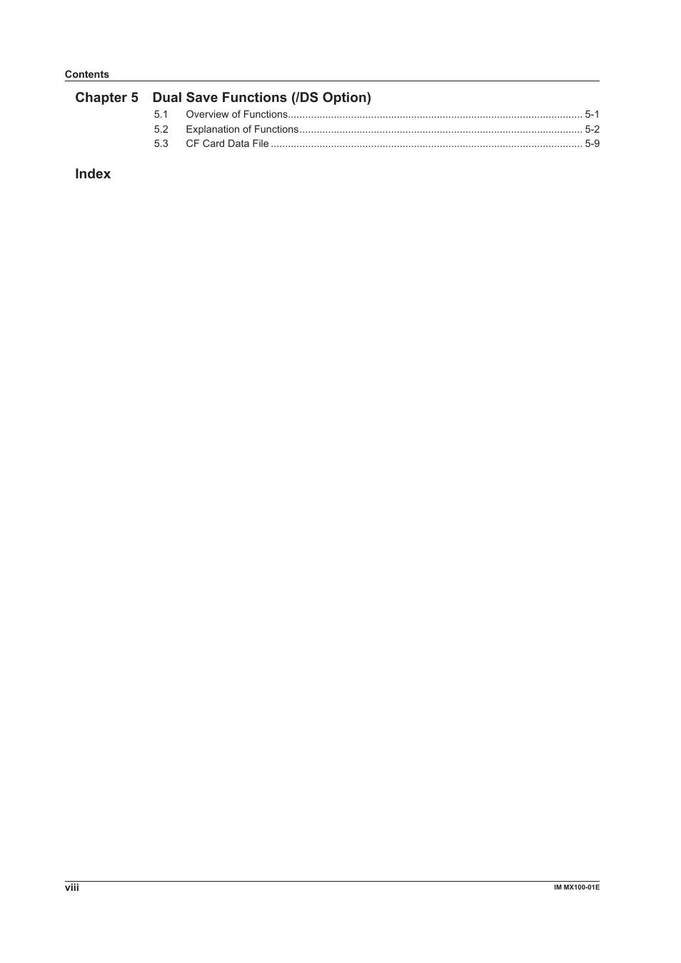 Chapter 5 dual save functions (/ds option), Index | Yokogawa PC-Based MX100 User Manual | Page 9 / 133