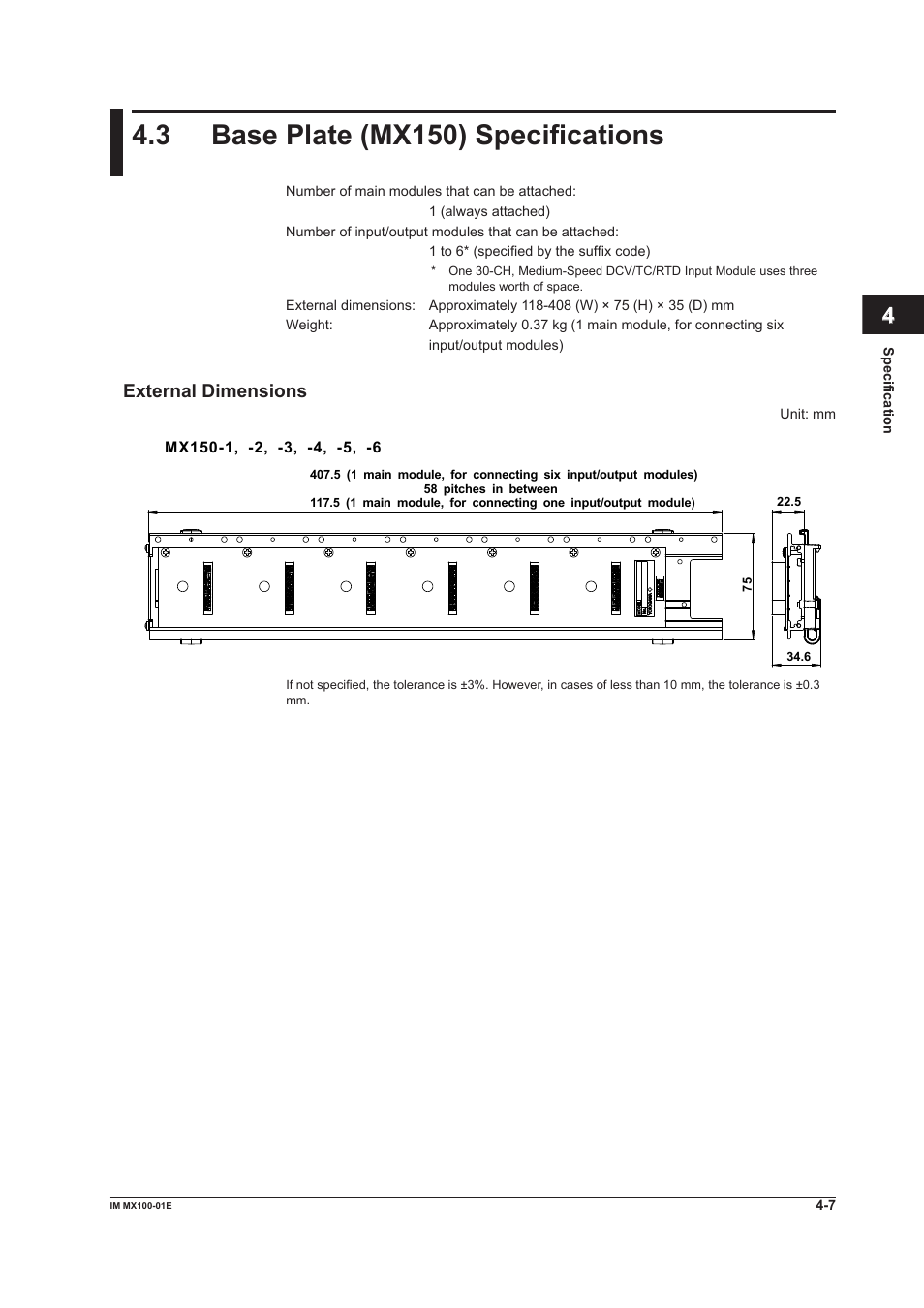 3 base plate (mx150) specifications, Base plate (mx150) specifications -7, Index | External dimensions | Yokogawa PC-Based MX100 User Manual | Page 95 / 133